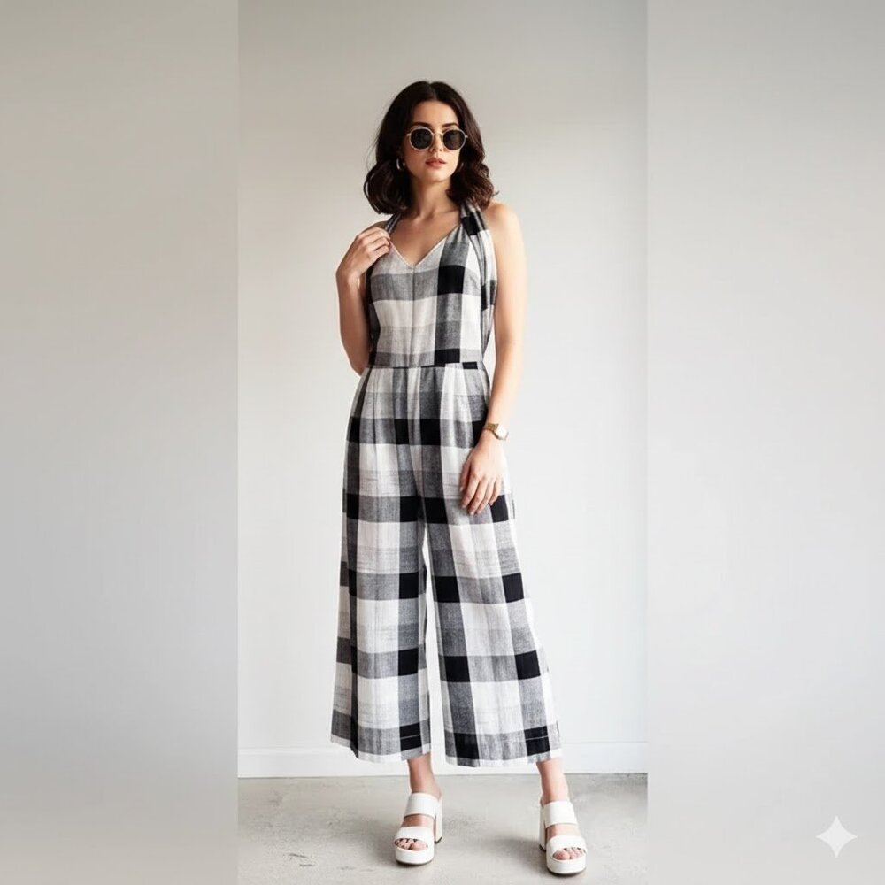 MOON RIVER Black & White Gingham Linen Blend Cropped Jumpsuit | M